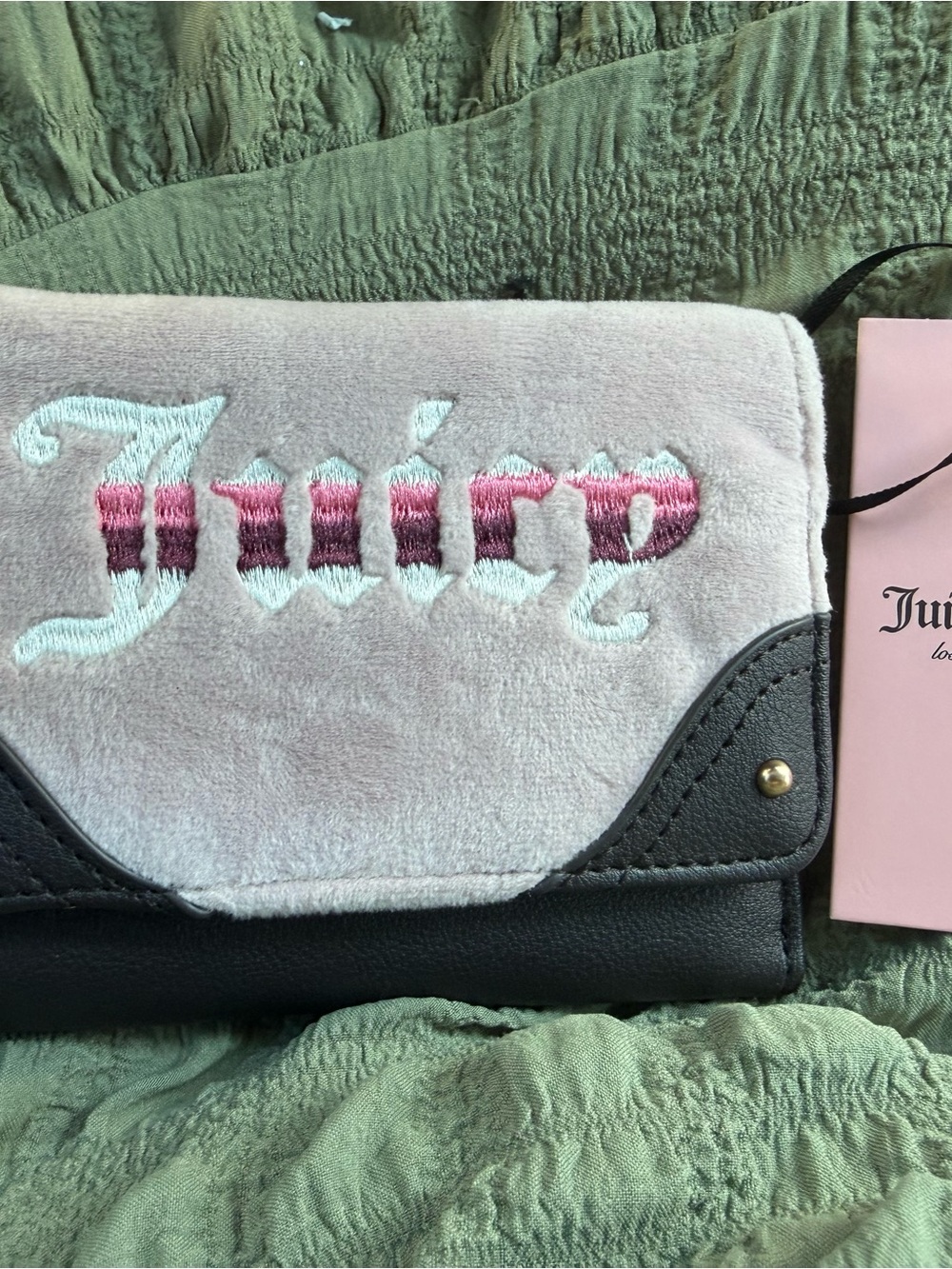 Juicy Couture Pink Velvet & Black Trim Crossbody Wallet